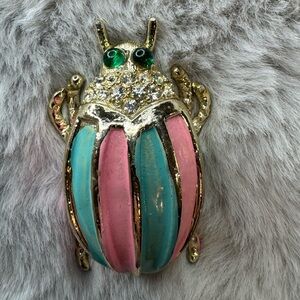 Vintage Rhinestone Beetle Brooch – Pink & Blue Enamel with Green Crystal Eyes